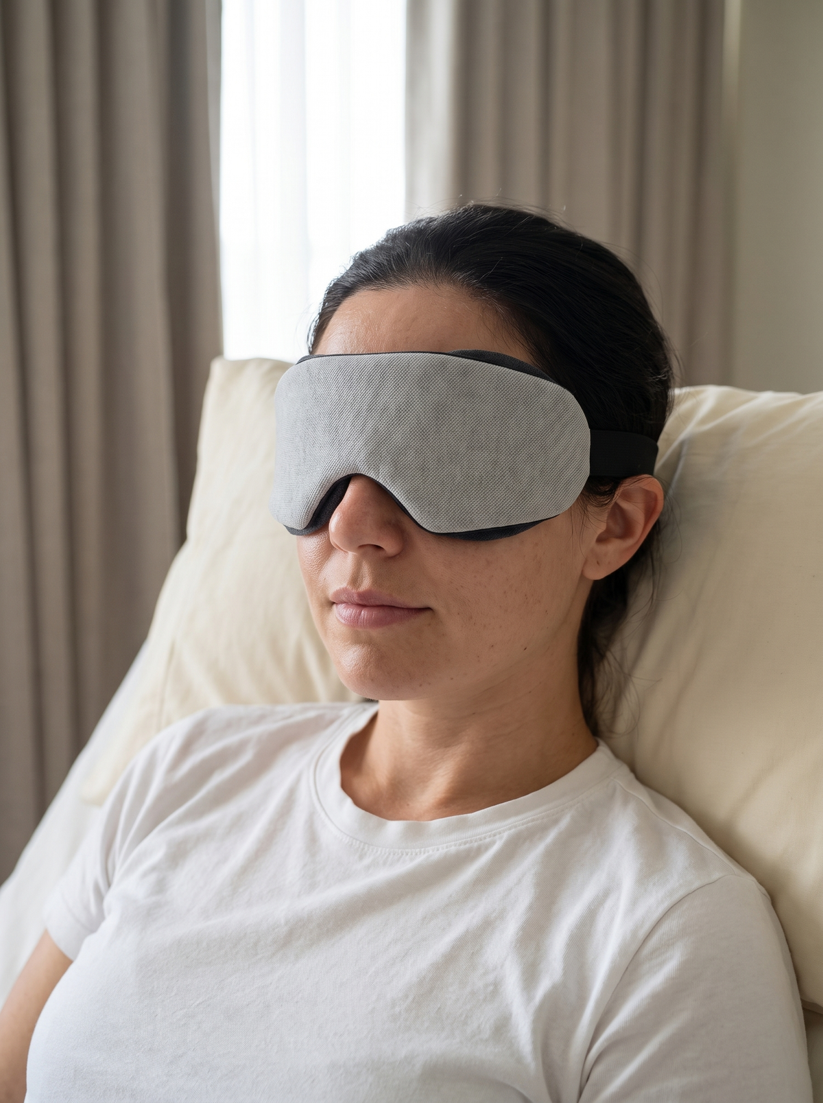 DAYBLIND Day Sleep Kit mask worn sitting up in a hotel bed, curtains half open