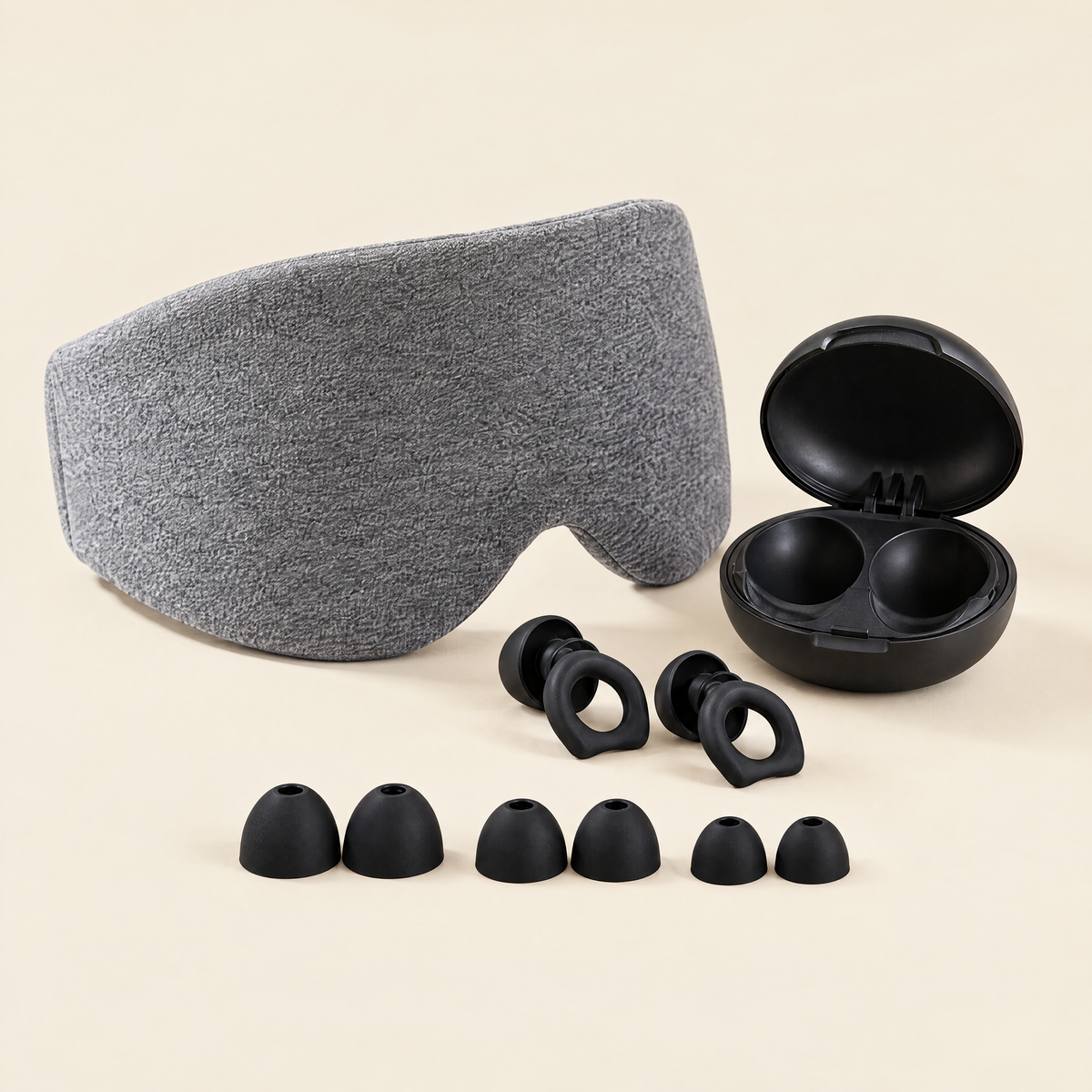 Side Sleeper Set: cotton sleep wrap with black silicone earplugs, case and spare tips in every size