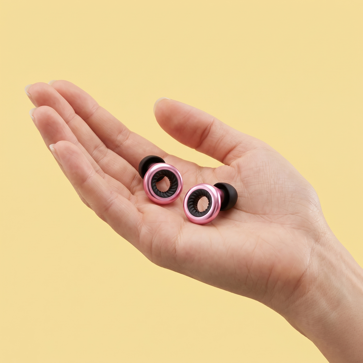 Ring Earplugs in Pink Black, in hand